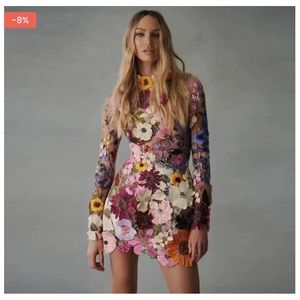 Flower Appliques Long Sleeve Mini Dress